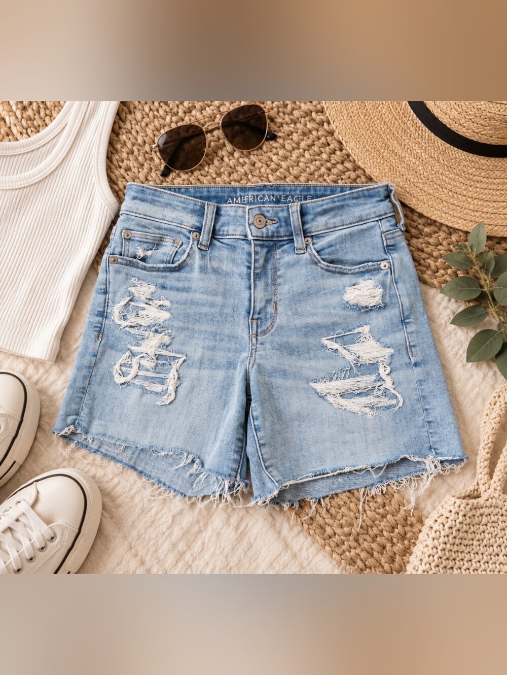 American Eagle Outfitters Light Blue Distressed Denim Shorts
